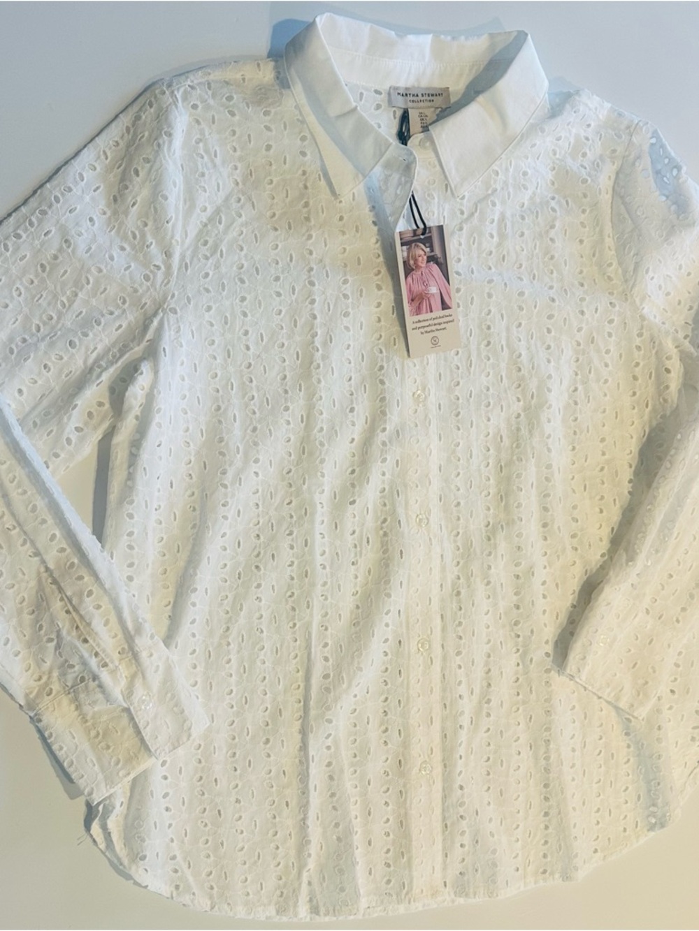 Martha Stewart Eyelet Cotton Button Down Shirt Blue Women’s Sz L Classic Preppy